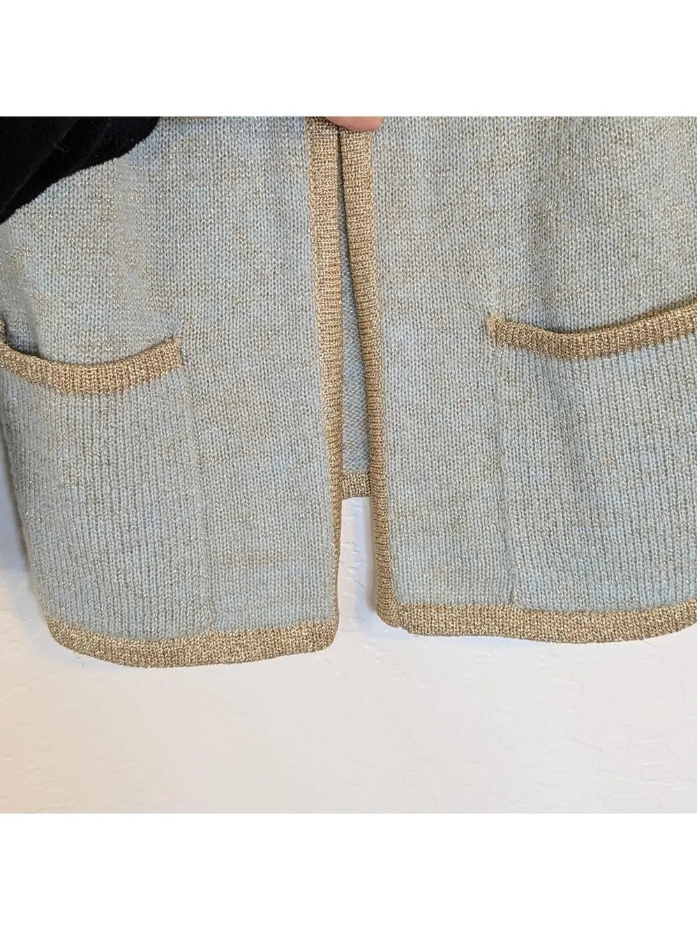 VTG Cardigan Short Sleeve Sweater Set Light Mint Green Gold Trim 80s Grandmacore